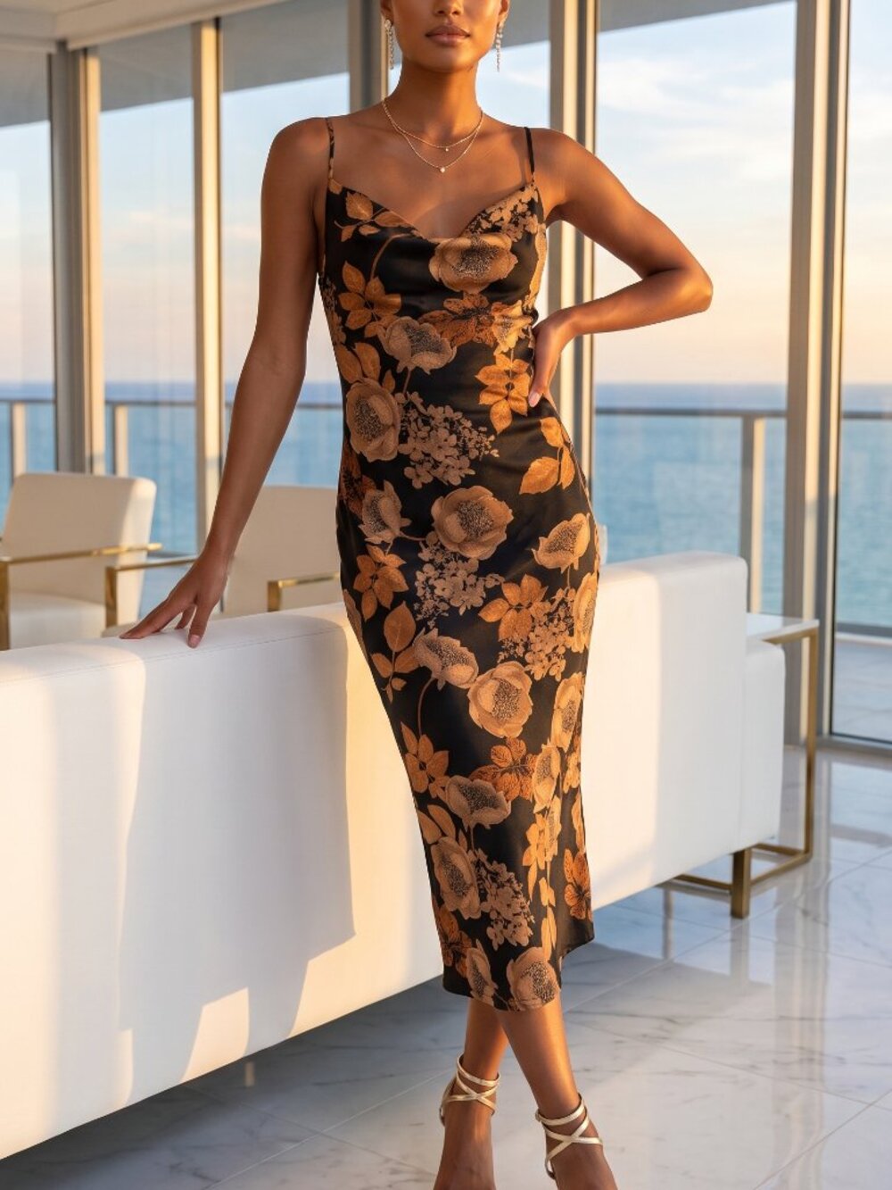 NWT LULUS black floral Fall satin slip dress cowl neck XS